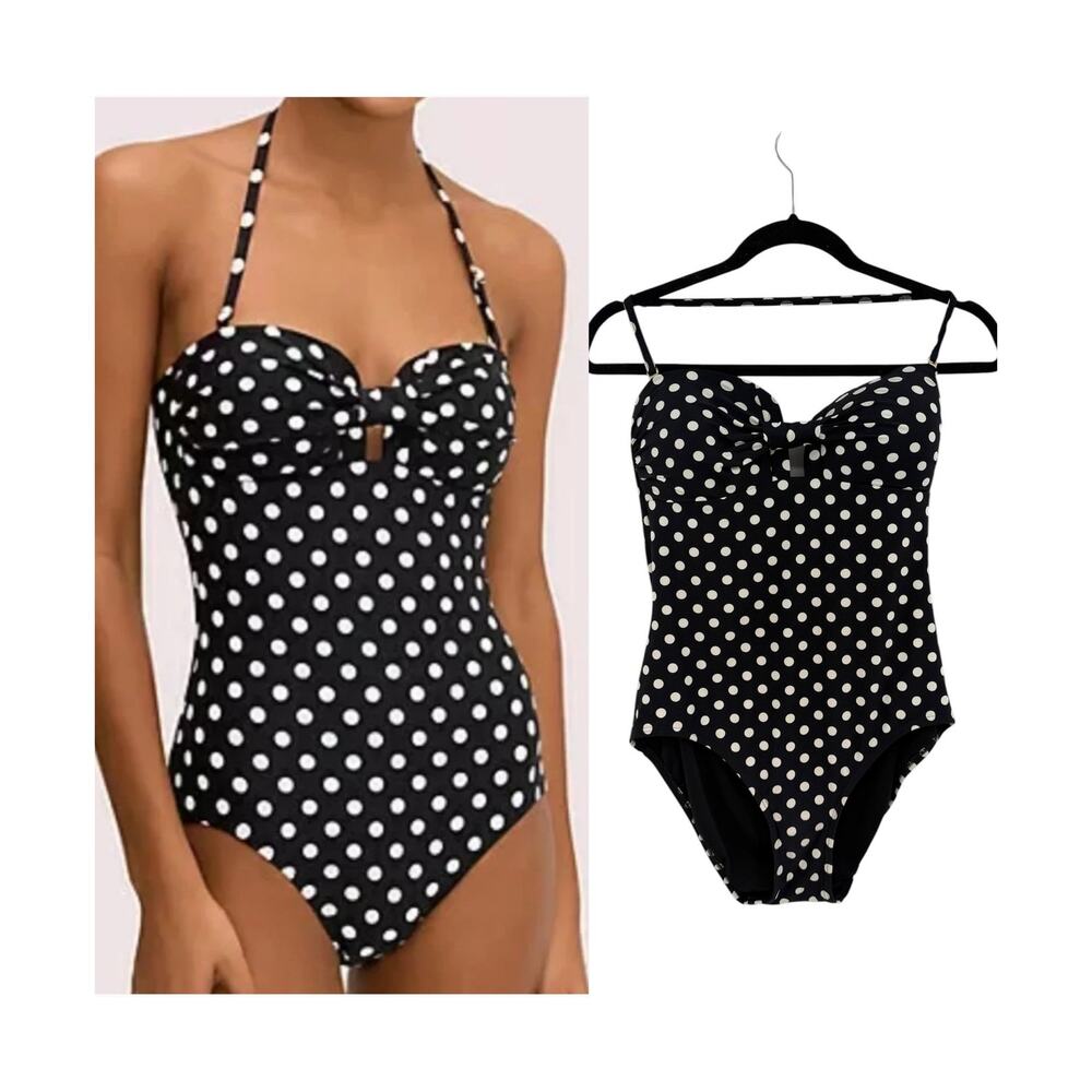 Kate Spade New York‎ Polka Dot One Piece Swimsuit Bow Front Black White Large